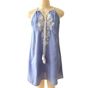 Paper Crane Blue Embroidered Halter Shift Dress Size Small Boho Tassel Tie
